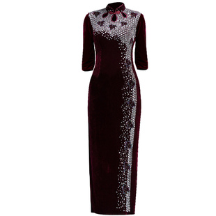 高端妈妈金丝绒旗袍婚礼服钉珠宴会女晚礼服婚宴洋气走秀高贵