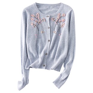 春季秋冬新款女士纯手工绣花针织羊绒圆领高腰小开衫灰色毛衣外套