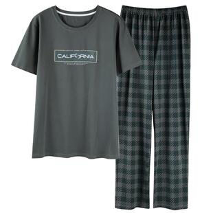 卡之恋睡衣男夏季薄款纯棉短袖T恤简约韩版长裤套装100全棉家居服