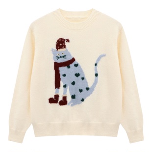 百家好白色卡通提花毛衣女秋冬季新款保暖针织显瘦圆领宽松上衣