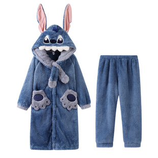 秋冬季儿童珊瑚绒加厚款睡袍套装大童可外穿男童法兰绒睡衣家居服