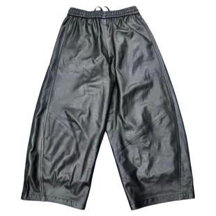 秋冬新款加绒宽松保暖纯色松紧腰系带蛋白皮弯刀皮裤九分休闲皮裤