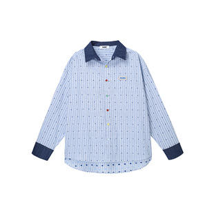 PCMY竖纹提花波点蓝色长袖衬衫外套2026春夏季学院风衬衣潮牌上衣