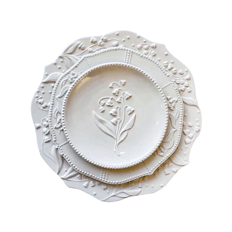 久伴铃兰花卉浮雕陶瓷餐盘中古高端精致法式甜品盘子家用蛋糕碟子
