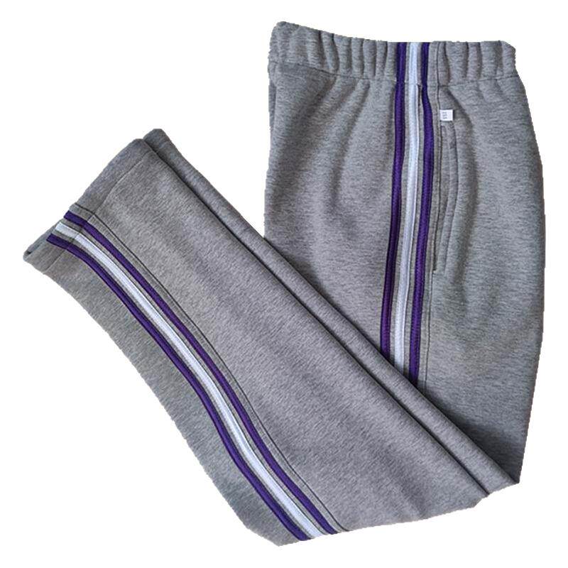 加厚加绒校服裤子初中生男女冬季浅灰色紫白紫三道杠休闲运动长裤