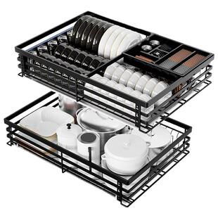 厨房304不锈钢缓冲抽屉式双层调料拉篮橱柜内置收纳沥水碗碟架蓝