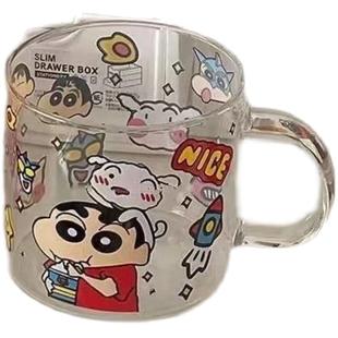 杯子ins高颜值可爱日式卡通蜡笔小新牛奶杯少女心印花玻璃把手杯