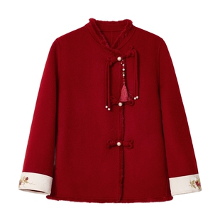 【柿柿如意】蓝语大码新年红色全羊毛双面呢大衣女新中式呢子外套