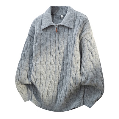 拉夏贝尔冬季半拉链翻领针织衫男新款宽松麻花纹复古绿色保暖毛衣