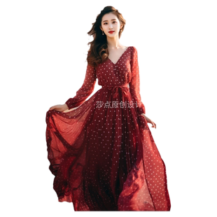 复古红色波点连衣裙夏新款过膝长裙高端精致雪纺大摆裙海边度假裙