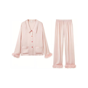 名媛风鸵鸟毛真丝睡衣女高级感桑蚕丝礼盒装长袖长裤家居服两件套