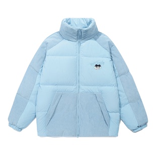 GUUKA青少年拼接灯芯绒外套宽松 雾蓝色情侣立领羽绒服男冬季加厚