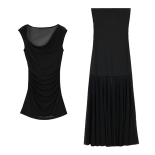 pusumede 疏影流光 法式网纱拼接抹胸连衣裙女两件套垂感包臀长裙