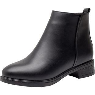 黑色法式小短靴中跟工装靴女皮鞋粗跟工作鞋女鞋加绒及踝靴靴子冬