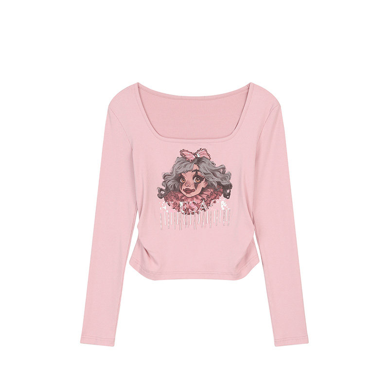妖精的口袋粉色印花U领长袖t恤女2026年早春新款修身内搭甜美上衣
