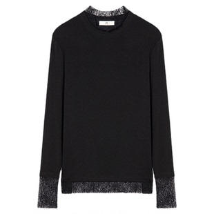 【商场同款】HPLY荷比俪2025冬新款女简约通勤修身蕾丝拼接T恤