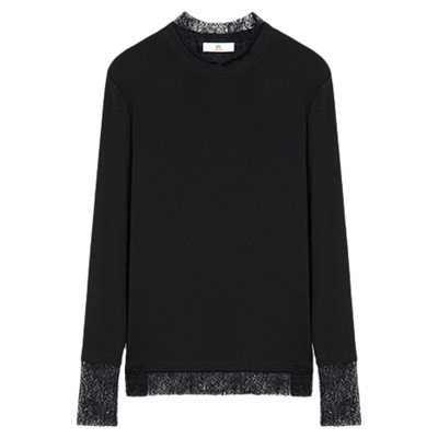 【商场同款】HPLY荷比俪2025冬新款女简约通勤修身蕾丝拼接T恤