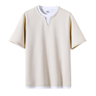 班尼路短袖T恤男V领假两件上衣华夫格2026新款夏季拼色体恤上衣A
