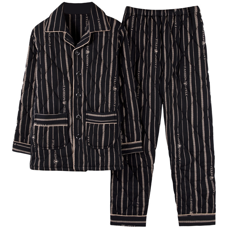 100%纯棉三层加厚夹棉冬季男睡衣棉袄秋冬中老年人爸爸居家服套装