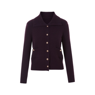 LIME莱茵翻领设计感针织开衫紫红色冬新款法式优雅小香风羊绒衫