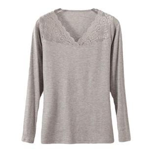 莫代尔螺纹棉纯色长袖V领秋冬季百搭蕾丝打底衫洋气韩版上衣女