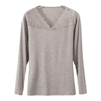 莫代尔螺纹棉蕾丝韩版V领长袖女