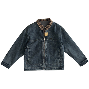 早春新款潮流假两件外套男个性立体剪裁格子拼接翻领时尚牛仔外套