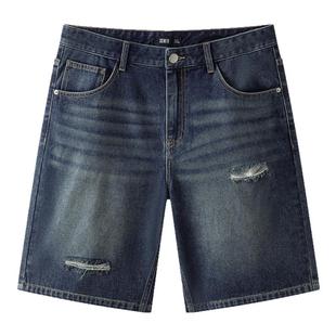 森马牛仔短裤男做旧复古破洞裤凉感宽松五分裤2025夏新款时髦潮流
