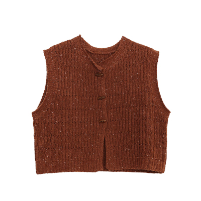 花吉棕色牛角扣卷边针织马甲