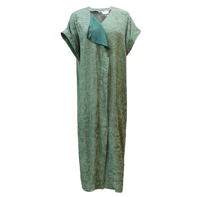 新中式微皱炒色丝麻落肩连衣裙