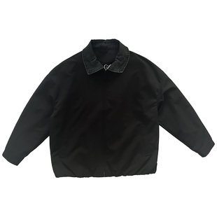 早春新款美式教练夹克衫男士个性牛仔布拼接翻领纯色潮流百搭外套