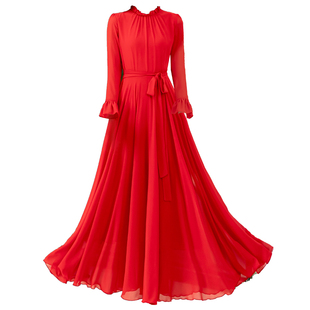 长袖连衣裙女夏2025新款系带雪纺长款大摆连衣裙显瘦沙滩度假长裙