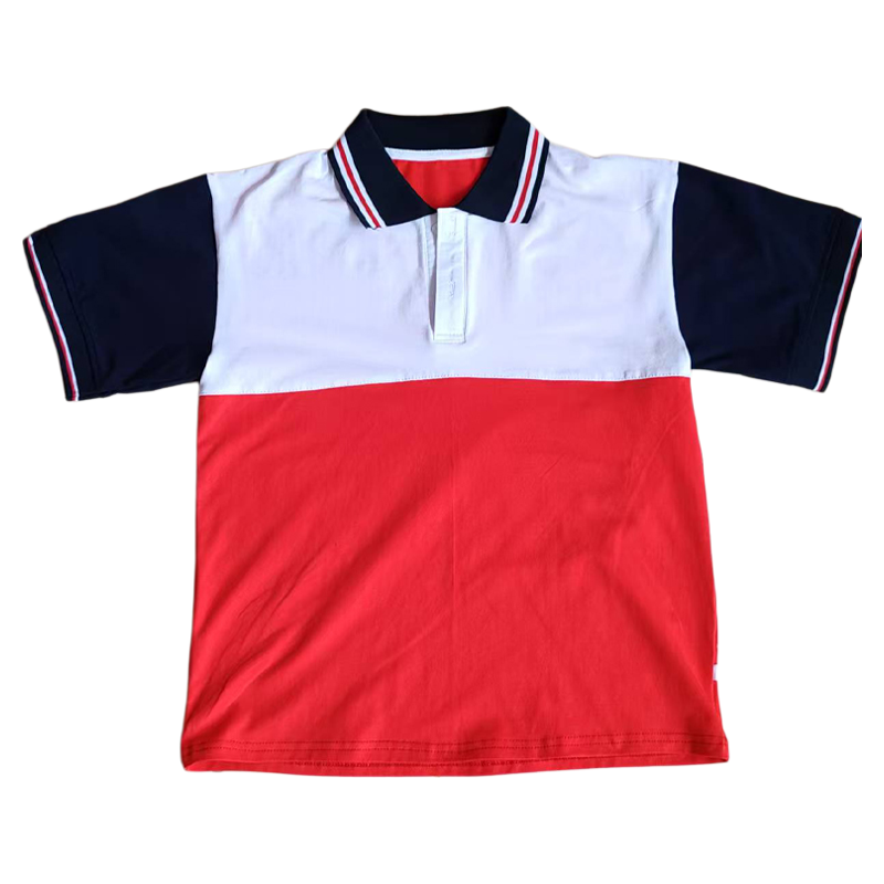 白色拼大红色校服短袖藏蓝领上白红白条男女通用T恤班服POLO衫夏