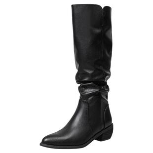 高蒂西部靴加绒保暖尖头粗跟褶皱堆堆靴女骑士靴百搭显瘦长筒靴