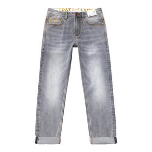 春季烟灰色牛仔裤男款九分裤高端潮牌印花复古弹力修身小直筒长裤