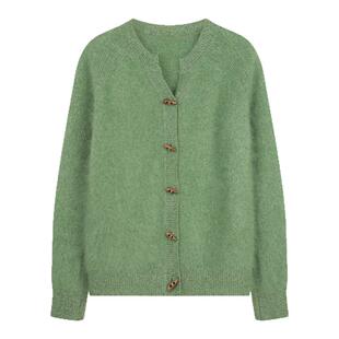 solighter法式羊绒牛角扣v领针织开衫女秋冬2025新款显瘦毛衣外套