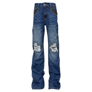 DETW 25AW*蛇纹鬼爪水洗做旧蓝牛破坏割烂堆叠修身口袋撞色牛仔裤