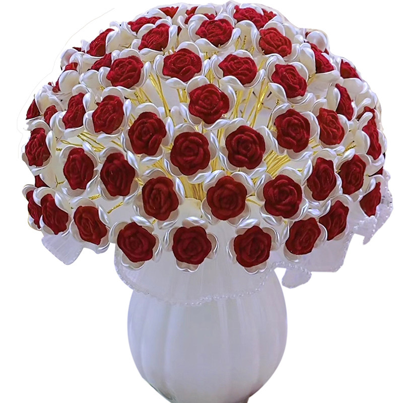 手工diy浪漫植绒玫瑰花材料包串珠荷叶瓶抖音装饰花束摆件教师节