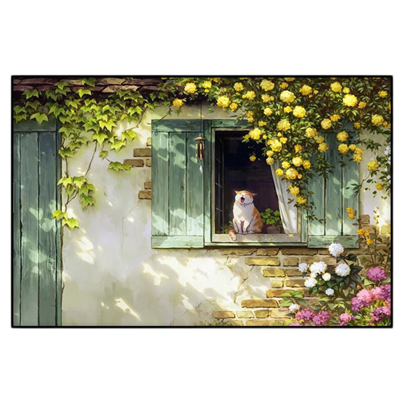 餐厅装饰画横版窗户绿植宠物猫咪