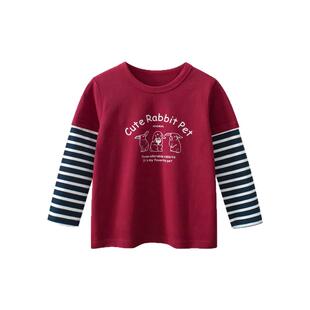 春季品牌外贸童装女打底衫 宝宝衣服儿童纯棉长袖T恤假两件枣红色