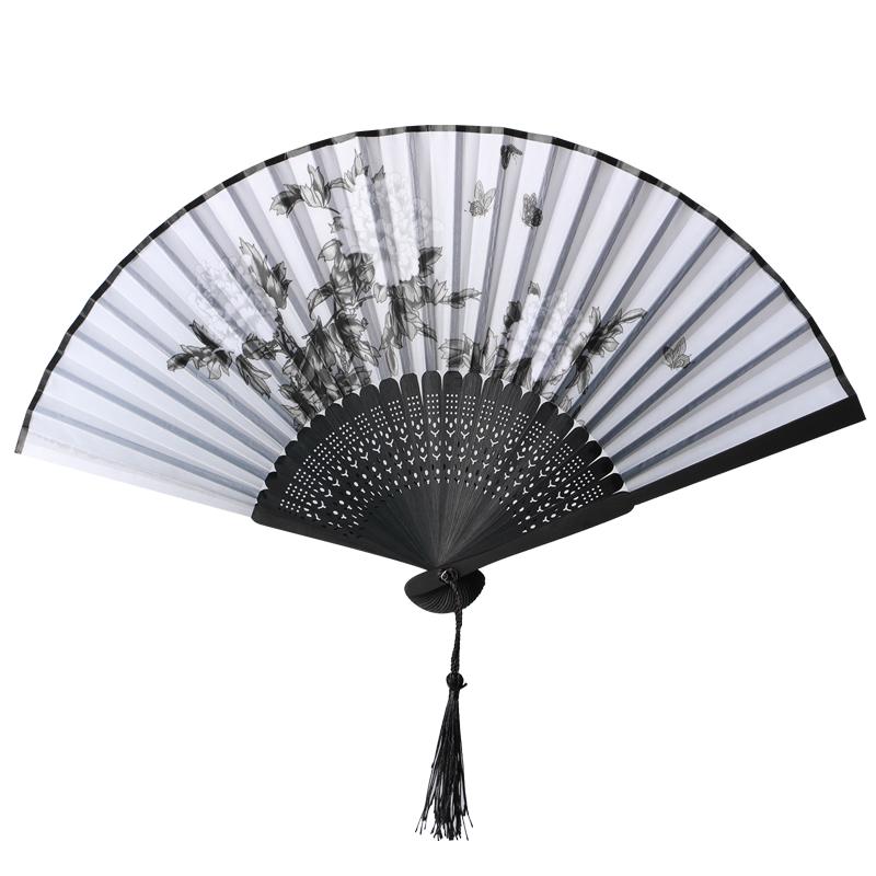 中国风黑色水墨画旗袍扇子随身夏天古风中式流苏折扇便携汉服竹扇