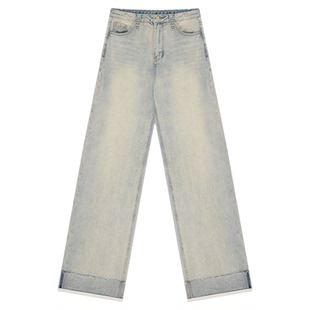 HONORE古月 富士做旧水洗绿蓝 毛折边撞色高腰线设计阔腿牛仔裤