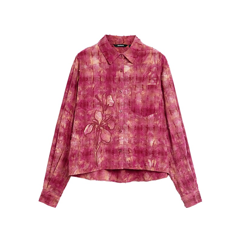 Desigual【博主同款】玫红做旧格纹贴布绣女式衬衫