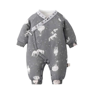 婴儿夹棉连体衣冬季120g加棉男女宝宝加厚蝴蝶衣52码新生儿和尚服