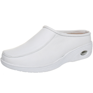 纯色护士鞋女牛皮舒适透气平底圆头包头半拖鞋氣乳白色轻便