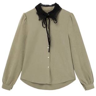 布景衬衫女冬季新品简约蕾丝衬衫领系带设计感长袖厚款衬衣3042