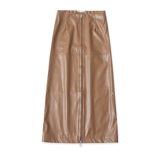 日单亮面皮半身裙  春秋新款女装时尚自然腰拉链包臀中长裙33393