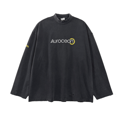 Aurocean 水洗黑半高领长袖T恤 撞色刺绣破损做旧秋冬内搭t