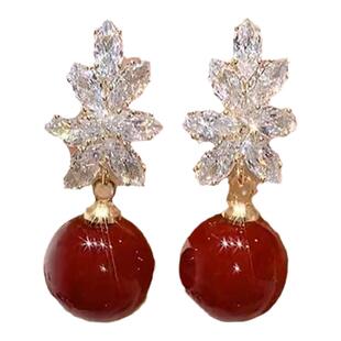 2025年新款花瓣锆石红珠耳钉复古港风时尚耳环方圆脸显脸瘦耳饰女