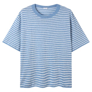 STELLAM | 条纹棉麻混纺针织衫女极简天然肌理宽松短袖T恤-BET